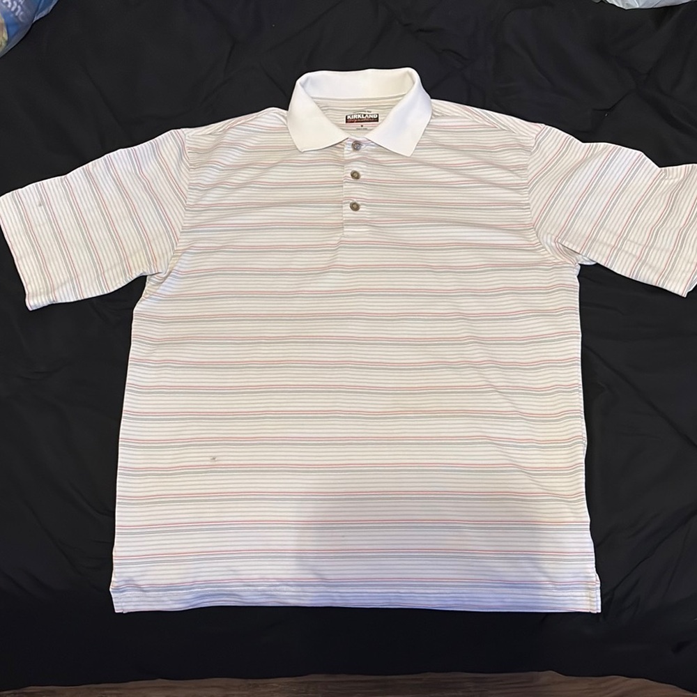 Men's Striped Polo Shirt - White with Multicolor Stripes